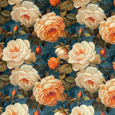 Vintage-style floral cotton fabric featuring amber and ivory roses on a rich teal background – ideal for curtains and home decor